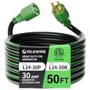 ISLEWIRE 4 Prong 30 Amp Extension Generator Cord 50FT, NEMA L14-30P/L14-30R, 125/250 Volt Up to 7500 Watts, 10 Gauge SJTW Twist Lock Power Cord for Manual Transfer Switch, Black&Green, ETL Listed