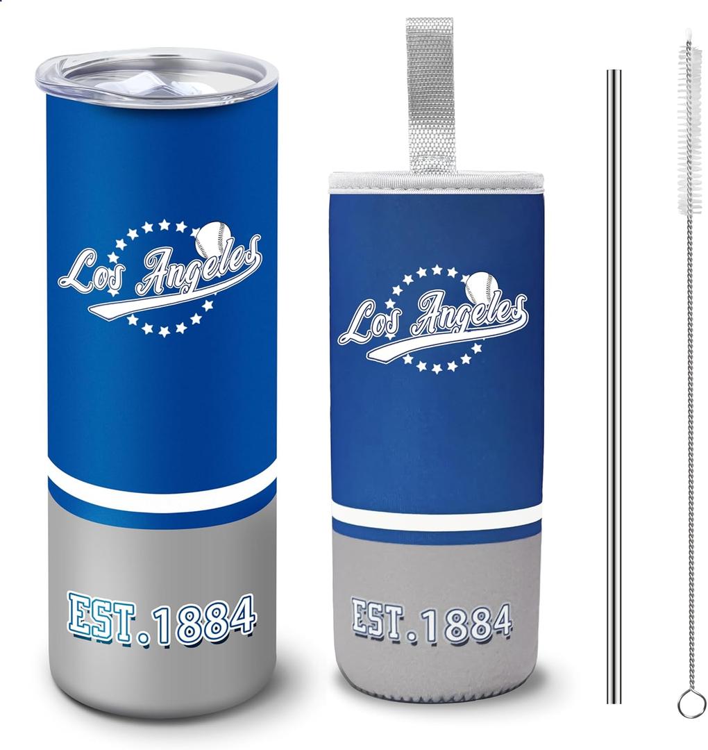 Tumbler 20oz Straight Skinny Car Cups With Insulated Cup Sleeve Portable Handle, Sports Travel Coffee Mug, Stainless Steel, Insulated,Classic Collection Gifts for Fans (Los Angeles D)