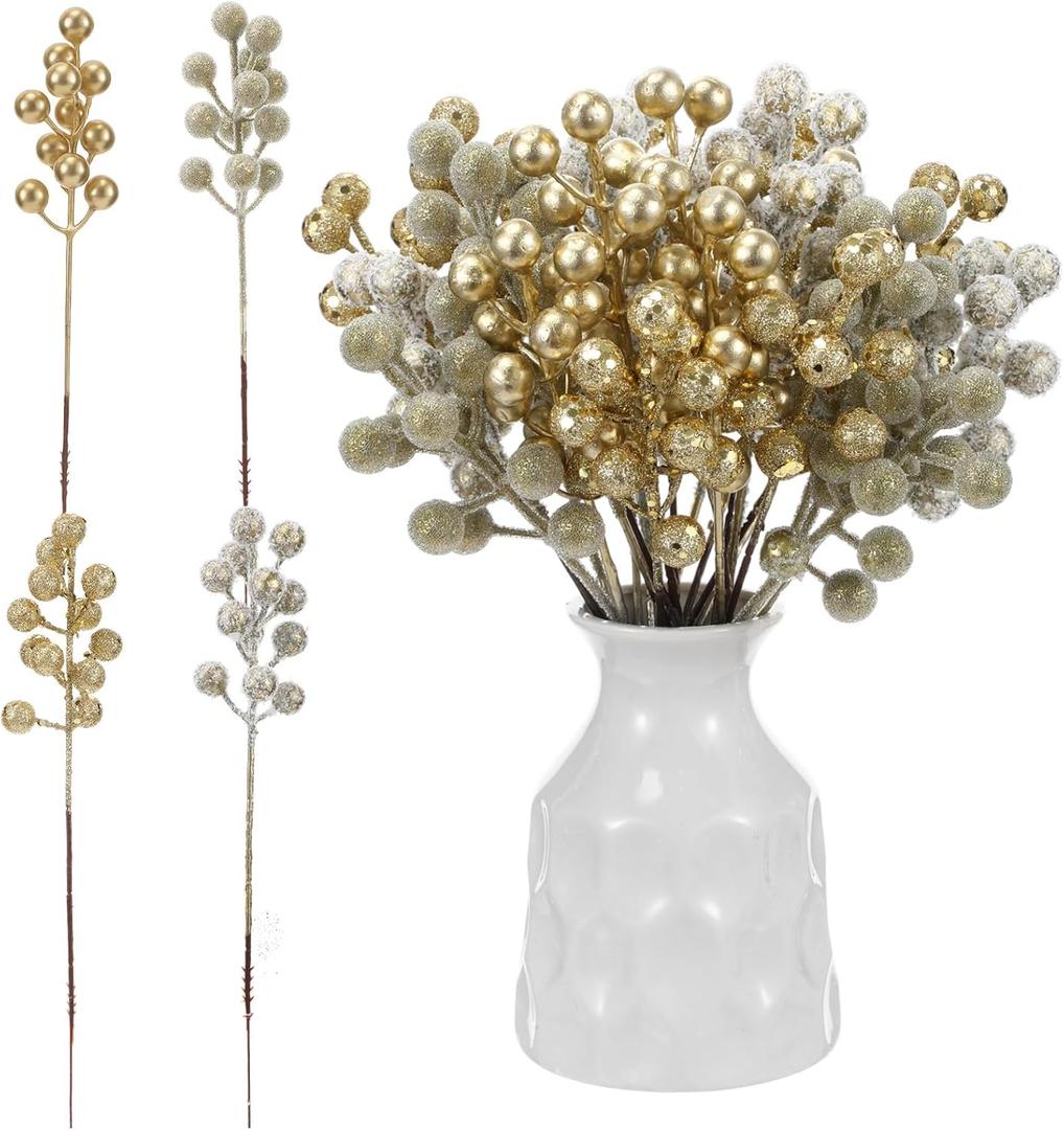 Syhood 40 Pcs 9.8 Inch Champagne Gold Christmas Artificial Holly Berry Picks Stems Set, 4 Styles Glitter Sprays Snowy Fake Berries Christmas Tree Branches Fillers Ornaments DIY Party