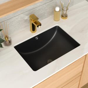 Undermount Bathroom Sink 20 x 14 inch Black Vessel Sink Rectangular | Modern Ceramic Rectangle Vanity Art Basin with Overflow