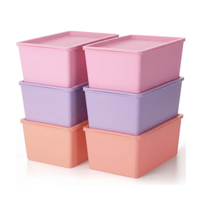 Menkxi 6 Pcs Storage Bins with Lids Small Plastic Storage Containers Stackable Storing Baskets Box Cute Organizer Bins for Organizing Shelves (Pink,Purple,Orange)