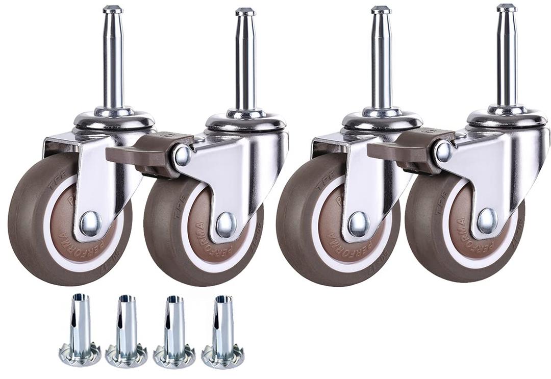 2 Inch Rubber Caster Wheel Set of 4(2 with Brakes & 2 Without) with 5/16" x 1-1/2" (8 x 38mm) Stem Sockets, for Furniture Crib Trolley Dining Car Casters