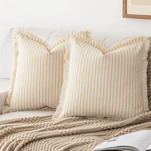 Throw Pillow Covers 18x18 Set of 2 Striped Fringe Pillow Cover Farmhouse Cushion Covers with Tassel Neutral Boho Pillows Decorative Square Pillowcase for Couch Sofa Bed, Yellow