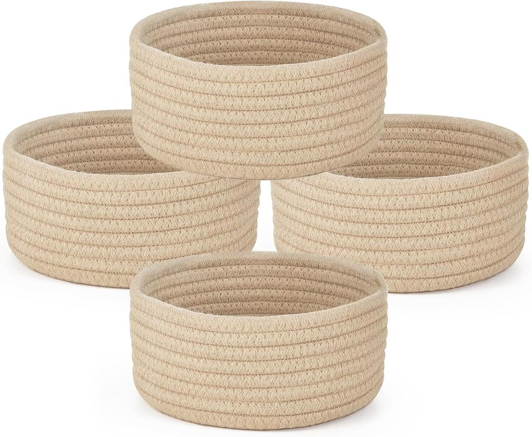 Dahey 4 Pcs Small Woven Baskets Set, Mini Cotton Rope Storage Bins for Organizing, Cute Tiny Round Decorative Baskets for Toys, Nursery Living Room Bathroom Home Decor, Beige