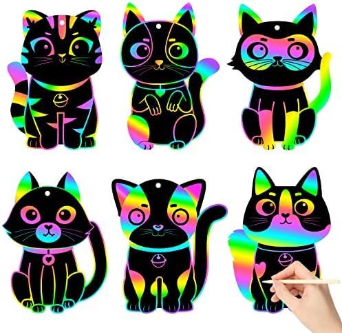 CY2SIDE 60PCS Cat Animal Scratch Bookmarks, DIY Cat Rainbow Color Paper Cards Craft Kit Birthday Decorations, Catling Pet Magic Project for School Classroom Activities
