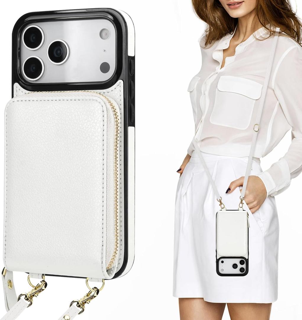 KIHUWEY Crossbody Wallet Case for iPhone 17 Pro Max, Zipper Pocket Case with Card Holder, PU Leather RFID Blocking Protective Cover Case with Kickstand Detachable Wrist Strap Lanyard 6.9" (White)