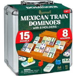 Queensell Mexican Train Dominoes Set Double 15 with 8 Holders - Wooden Hub and Tiles Holders - Double 15 with Dots (D15 + 8 Holders)