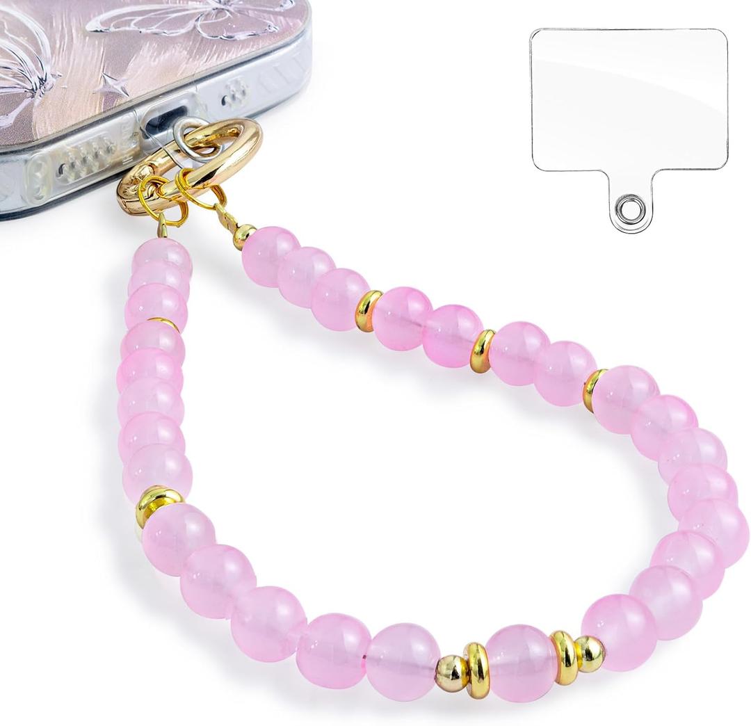 Phone Charm Wrist Strap with Tether Tab, Detachable Anti-Theft CellPhone Charms Strap, Hands-Free Decorative Phone Chain Lanyard for Women Girls, Compatible with Most Smartphones (Golden Powder Beads), Pack Of 4