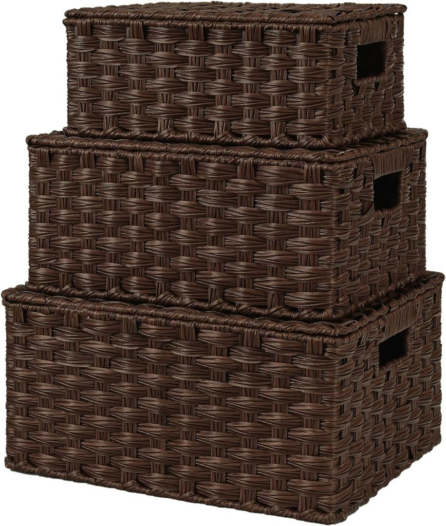 GRANNY SAYS Wicker Baskets with Lids, Set of 3 Decorative Storage Boxes, Woven Basket for Organizing, Storage and Organizer Baskets, Brown, 3-Pack