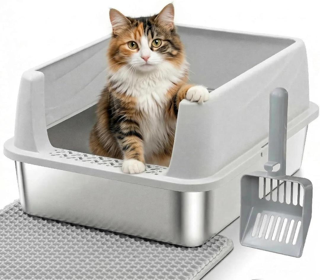 Stainless Steel Cat Litter Box with Lid, Metal Litter Box for Small Cats, Low Entry Kitten Litter Boxes with Scoop and Mat, Non-Sticky, Anti-Urine Leakage, Easy Cleaning, M