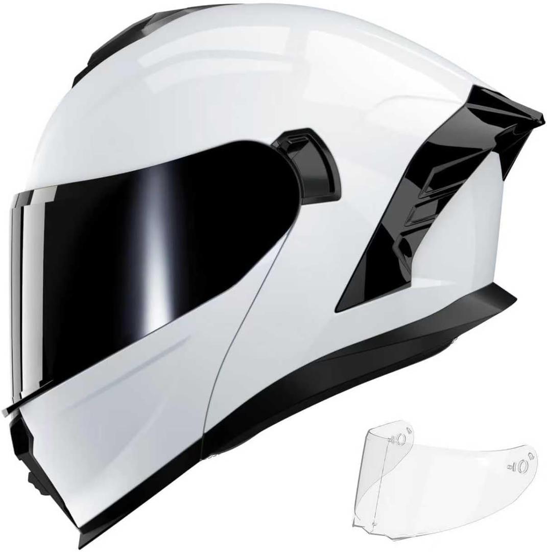 Motorcycle Helmet,Motorcycle Dual Visor Flip up Modular Full Face Helmet JR-815,DOT Approved Motorbike Helmet with 2 Visors for Adults Men Women(S,Glass White-B)