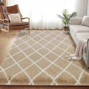 Fluffy Rug for Bedroom, Stripe Checkered Rug Anti-Skid High Pile for Living Room Bedroom Kids Room Nursery, Dorm Home Decor (9' x 6' (Rectangular), Beige/White)