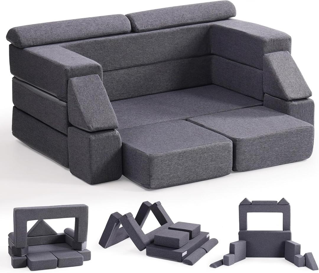 ROBOTIME Modular Play Couch for Kids  Convertible Foam Toddler Sofa for Boys & Girls, Kids Couch for Playroom & Bedroom, Versatile Building Sofa for Forts and Reading Nooks (Space Grey)