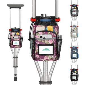 supregear Crutch Accessories Bag, Water-Resistant Premium Storage Pouch with Cup Holder and Multiple Pockets - Large Capacity Organizer Tote Bag Attachment for Underarm Crutches - Men, Women