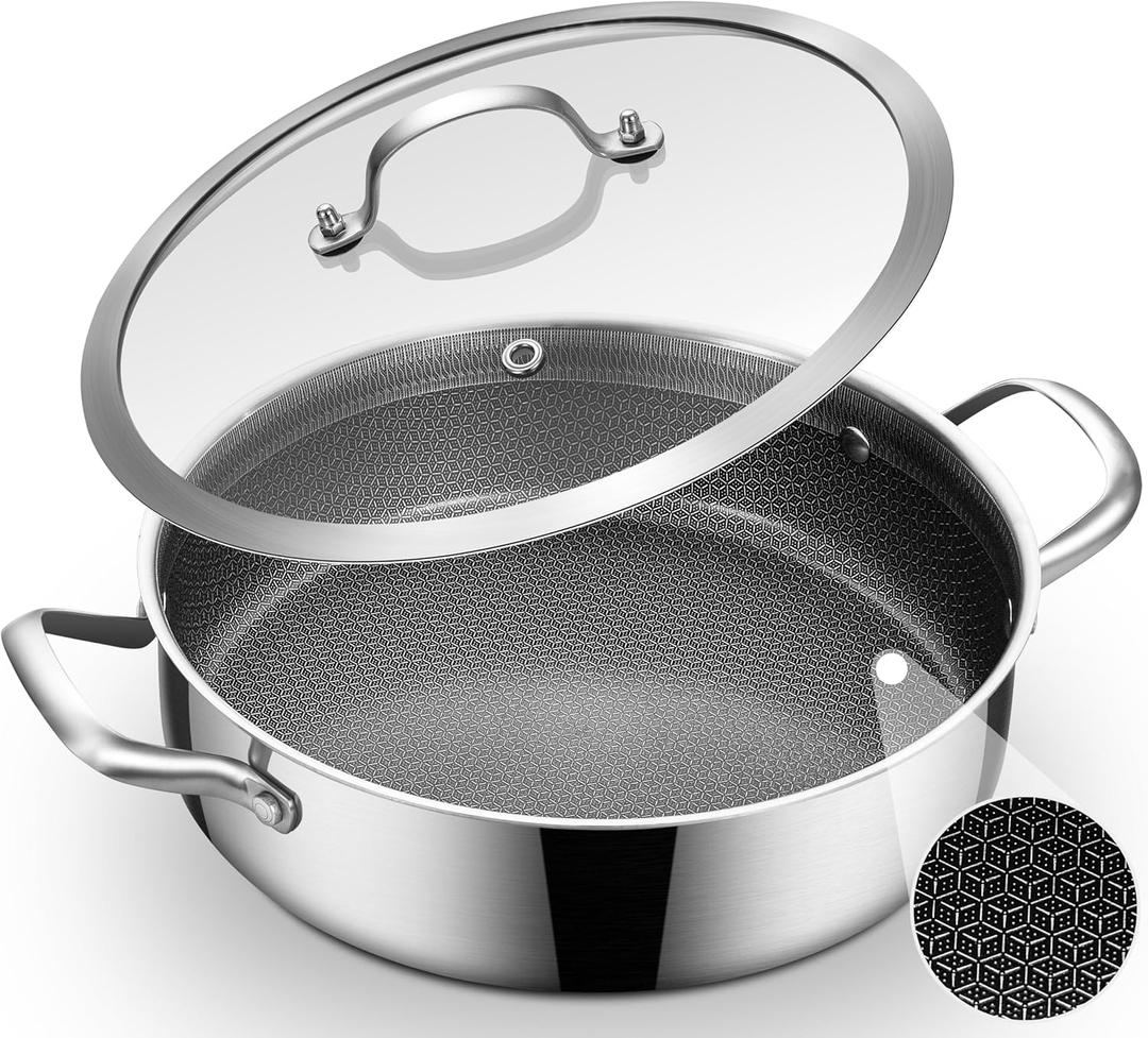 Inqibee 5 QT Hybrid Nonstick Saute Pan with Lid, Tri-Ply Stainless Steel Deep Frying Pan Cookware, PFOA & PFOS Free, Induction Compatible, All Cooktops, Oven & Dishwasher Safe