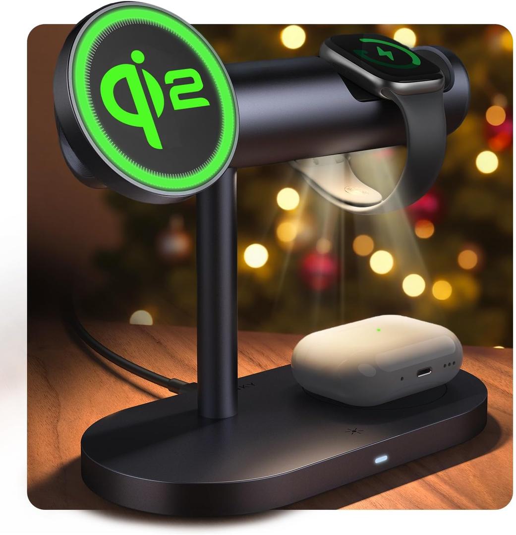 iVANKY 4 in 1 Qi2 Certified Wireless Charger Stand for iPhone 17e, Night Light for MagSafe Charging Station, 25W Charge for iPhone 17/16/15/14/13/12/11 Plus/Pro/Max,Apple iWatch, Airpods Pro 2/3 (Space Gray, No Adapter)