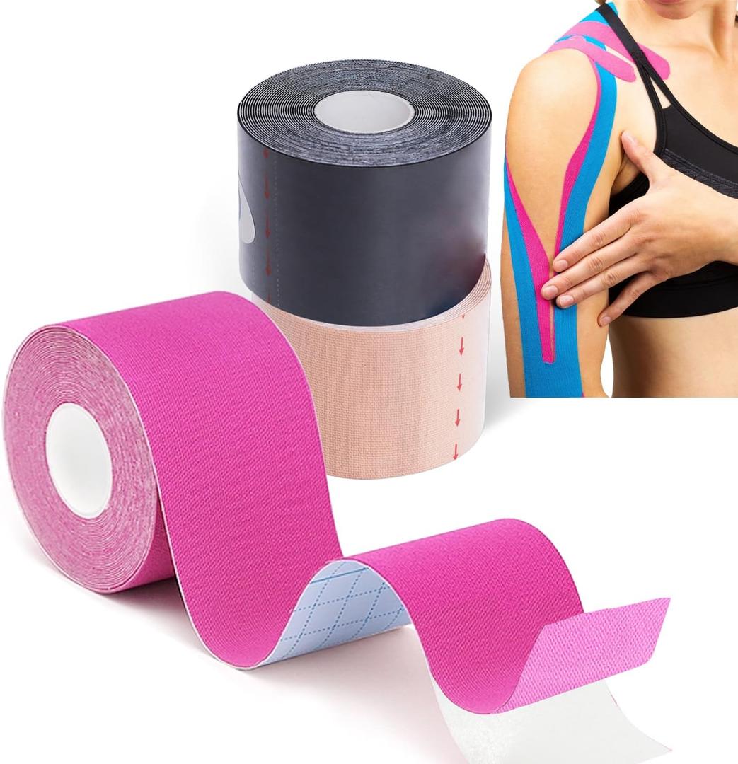 Waterproof, Breathable Kinesiology Tape, 16ft Uncut Strips (3 Rolls), Kinetic Tape, Sports Tape for Knee Pain & Elbow, Elastic Athletic Tape for Sports & Weightlifting, Muscle Strain Relief - Black + Beige + Pink (3 Rolls Kinesiology Tape)