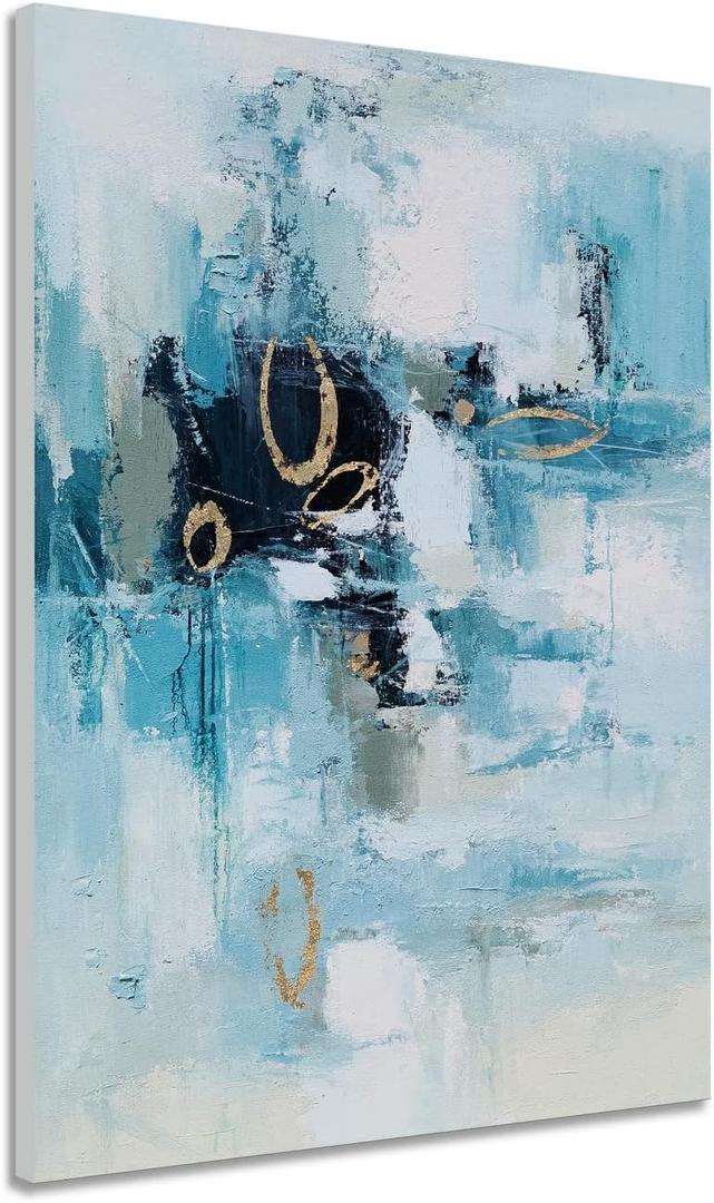 YHSKY ARTS Abstract Blue & Gold Foil Textured Wall Art: Elevate Your Space with Modern Canvas Painting Ideal for Living Rooms, Bedrooms, and Office Decor, 27.5"L x 19.6"W