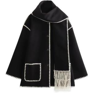 Autumn and winter women's wide sleeved cardigan jacket, scarf decoration button cardigan, woolen jacket (black,Small)