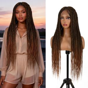 BrittyHair Full Lace Knotless Box Braided Wigs for Black Women Double Full Lace Front Braided wig Glueless Braided Wigs with Baby Hair Synthetic Braided Lace Front Wigs(32 Inch, Brown Ombre Blonde)