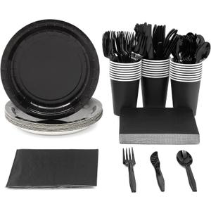 Juvale 144 Piece Black Party Supplies - Serves 24 Disposable Black Paper Plates, Napkins, Cups, and Cutlery, Ideal Party Table Decorations for Birthdays, Halloween Parties & Graduation