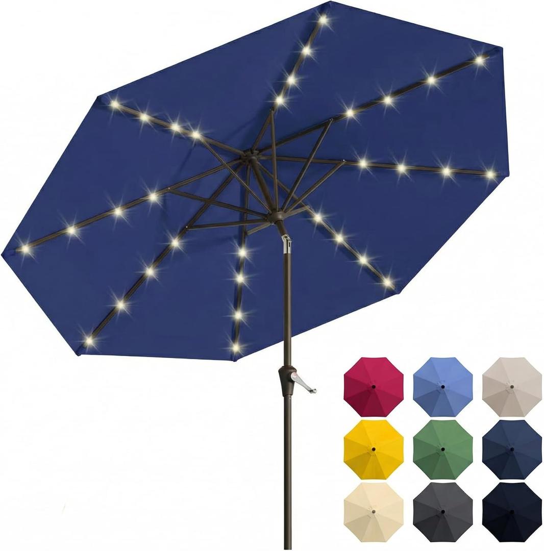 Patio Kingdom 10FT Solar Patio Umbrella with Lights, Outdoor Table Market Umbrella with 32 LED Lights, 8 Sturdy Ribs, Push Button Tilt and Crank for Pool, Deck and Garden, UV-Resistant Navy