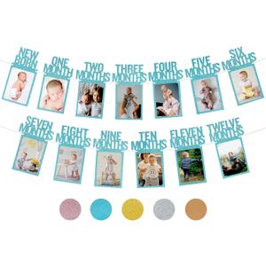 First Birthday Decorations for Boy from Newborn to 12 Months, 1st Birthday Decorations Boy Photo Banner, Party Hanging Supplies for Girls Boys (Blue)