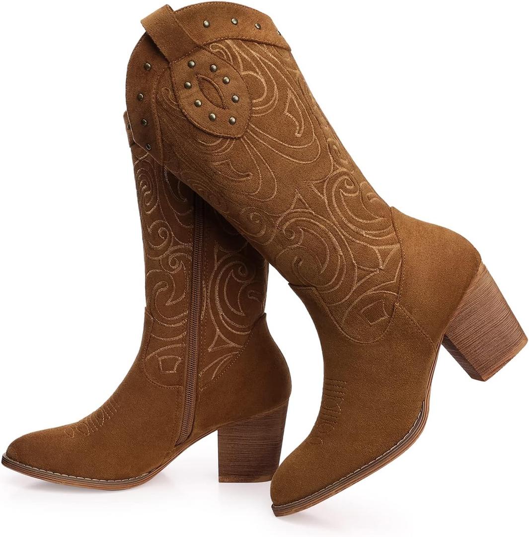 SHIBEVER Cowboy Cowgirl Boots for Women: Wide Calf Western Pointed Toe Chunky Heel Suede Embroidered Mid Calf Boot (9.5, Camel)