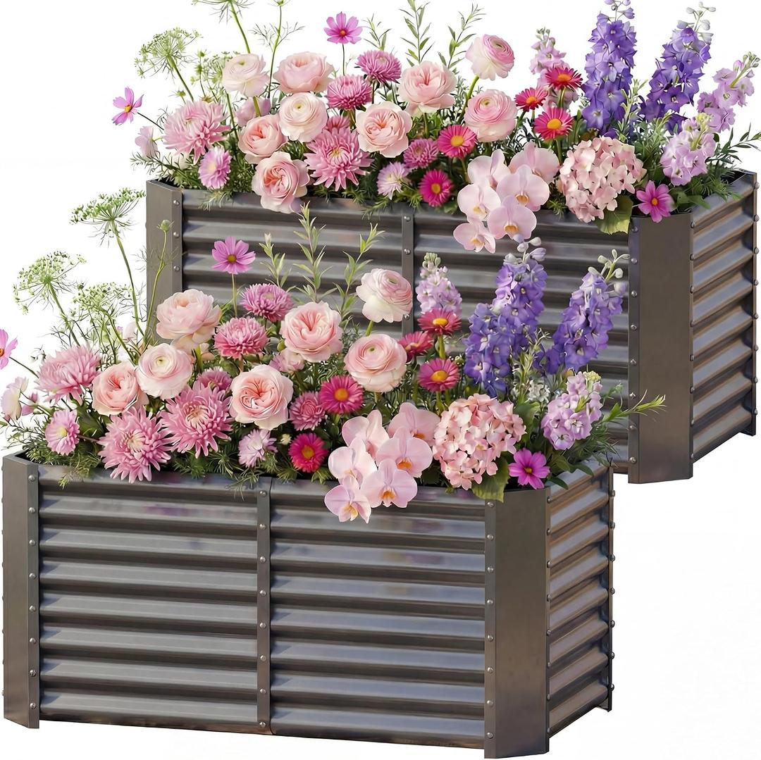 2 Pack 422ft Galvanized Raised Garden Beds, Rectangle Durable Planter Boxes Outdoor for Vegetables, Fruits, Flowers and Plants, Quick Assembly, Grey