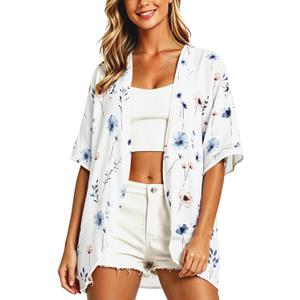 Women's Floral Cardigan Coverups Bohemian Kimono Loose Cover Up Tops Beach Swimsuit Puff Sleeve Blouse Female Chiffon Summer (Medium, White Blue Flower)