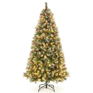 560 Warm LED Lights & 267 Red Berries Hinged Christmas Tree, Green, 7.5 ft