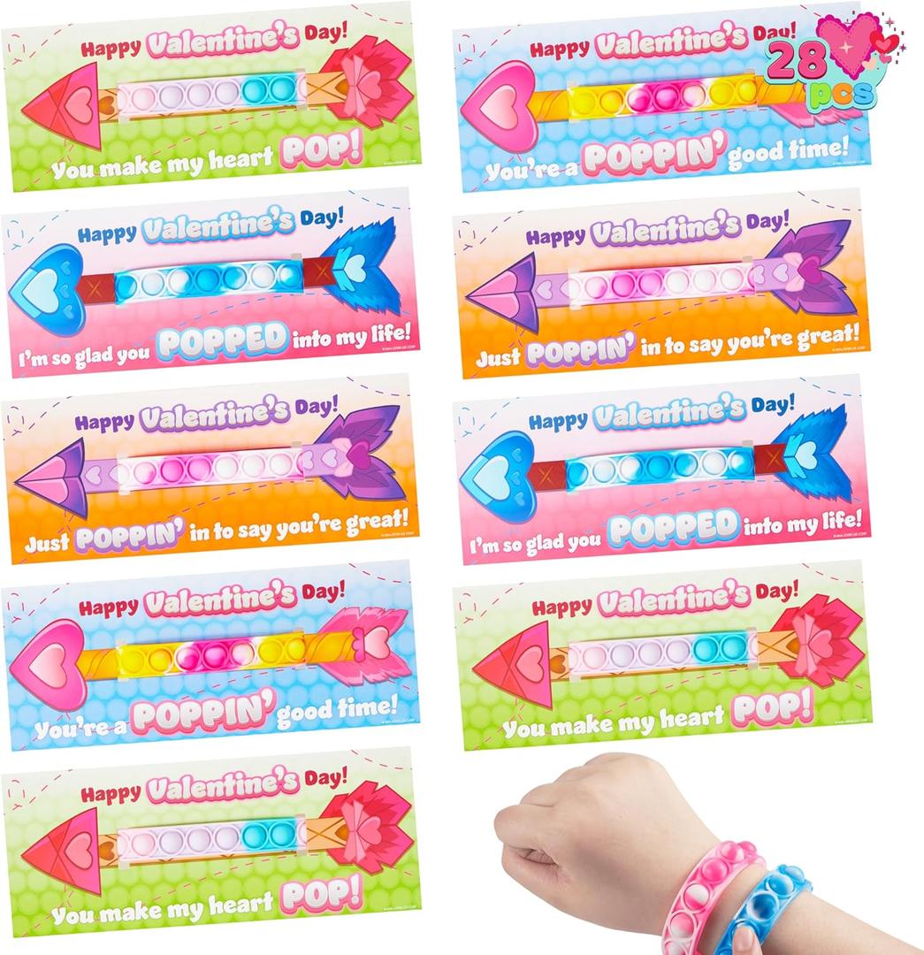 JOYIN 28 Packs Valentine's Day Gift Cards with Pop Fidget Bracelet, Pop Bubble Fidget Toy, Bracelet Wristband Stress Relief Finger Press Toy for Kids Valentine's Classroom Exchange Prizes Party Favors