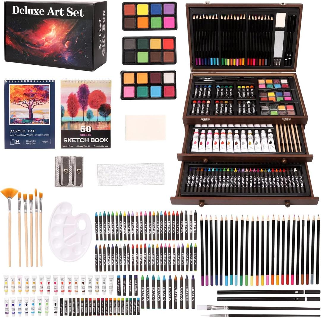 Unmasalu 175 Piece Deluxe Art Set,Comprising Sketchbooks, Acrylic Paints, Crayons, Oil Pastels,Watercolour Cakes,Coloured Pencils Set, Art Kit Gift Box for Teens, Adults, Artists (Brown)