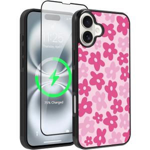OOK Magnetic for iPhone 16 Case Pink Flower Cute Design [Compatible with MagSafe] Hard PC+Soft TPU Bumper Anti-Slip Ultra Thin Case, Pink Flower