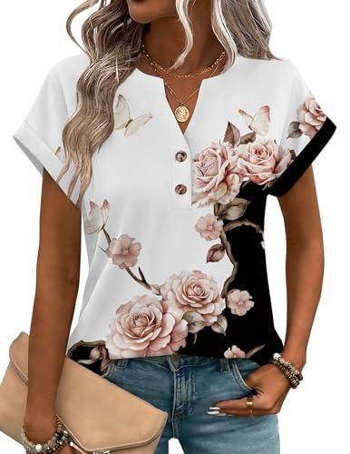 Zeagoo Women Tops Summer Short Sleeve T Shirts V Neck Dressy Casual Work Blouses Fashion Boho Clothes M