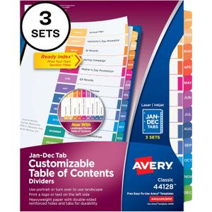 Avery Jan-Dec 12 Tab Dividers for 3 Ring Binders, Customizable Table of Contents, Multicolor Tabs, 3 Sets (44128)