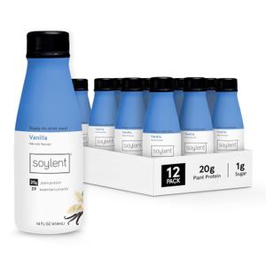 Soylent Vanilla Meal Replacement Shake, Ready-to-Drink Plant Based Protein Drink, Contains 20g Complete Vegan Protein and 1g Sugar, 14oz, 12 Pack, BBD:AUG.22.2026