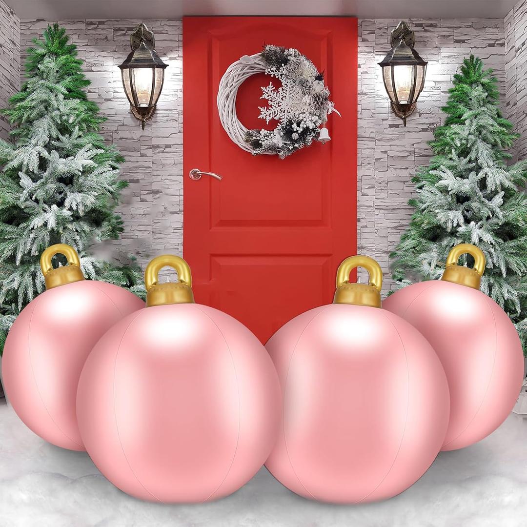 Jetec 4 Pcs Giant Inflatable Christmas Ball Large Xmas Inflatable Ornaments PVC Outdoor Holiday Blow Ball Outside Yard Lawn Porch Decorations (Solid, Pink)