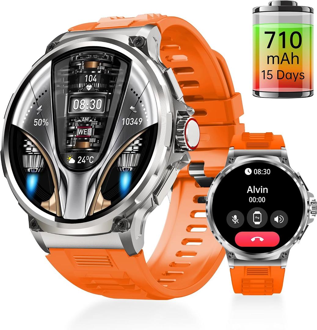 Smart Watch for Men, 1.85" Big Screen, 710mAh, IP67 Waterproof, with Bluetooth Call/Heart Rate/Pedometer/100+ Sports Modes Fitness Tracker Outdoor Sports Watch for Android iPhones (Orange)
