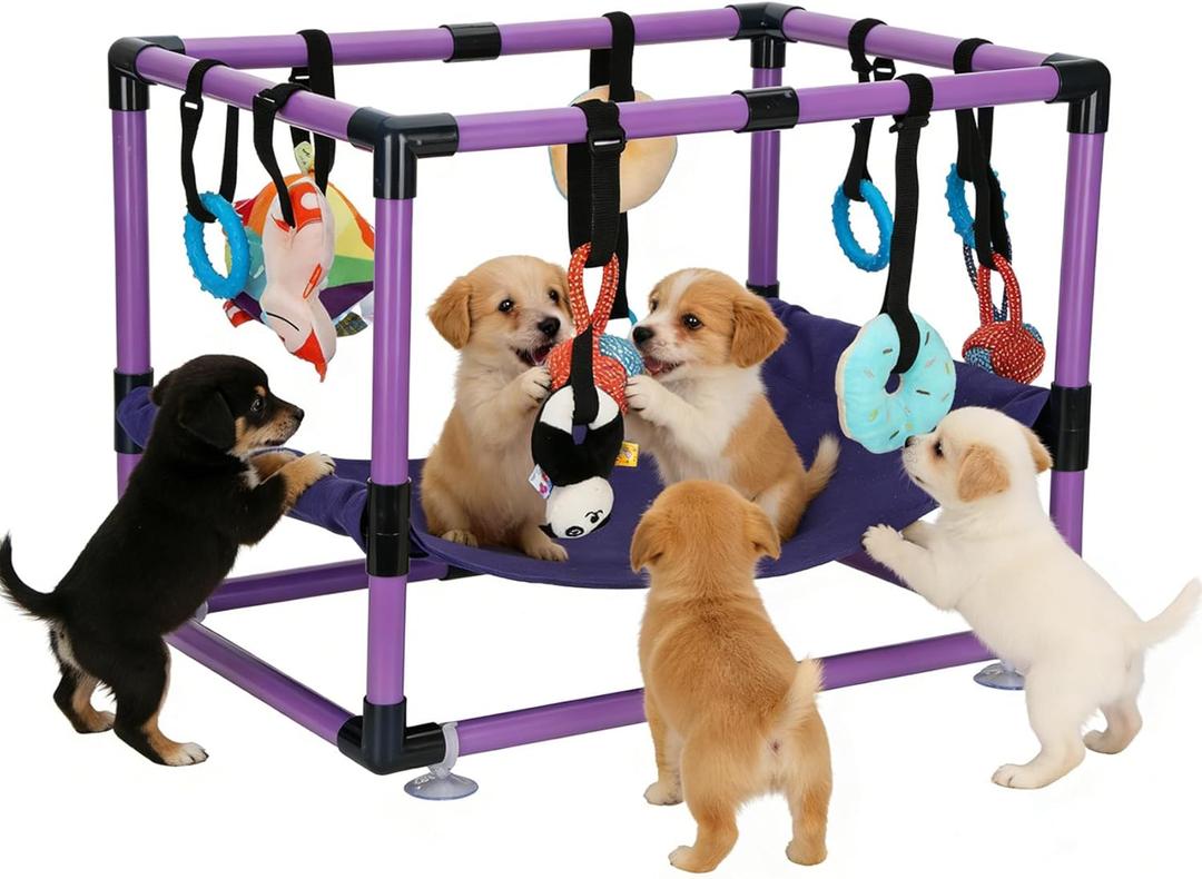 Purple Puppy Play Gym with 8 Hanging Toys, Dog Jungle Gym Indoor with Hammock and Funny Enrichment Toys, PVC Frame Puppy Gym Activities Center for Puppies