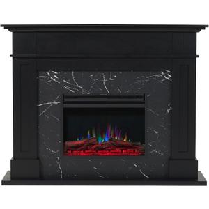 Cambridge Sofia 53-in. Freestanding Fireplace Mantel in Black with Black Marble Inlay and Log Display, Electric Heater Insert with Color Changing Flames for Living Room, Bedroom