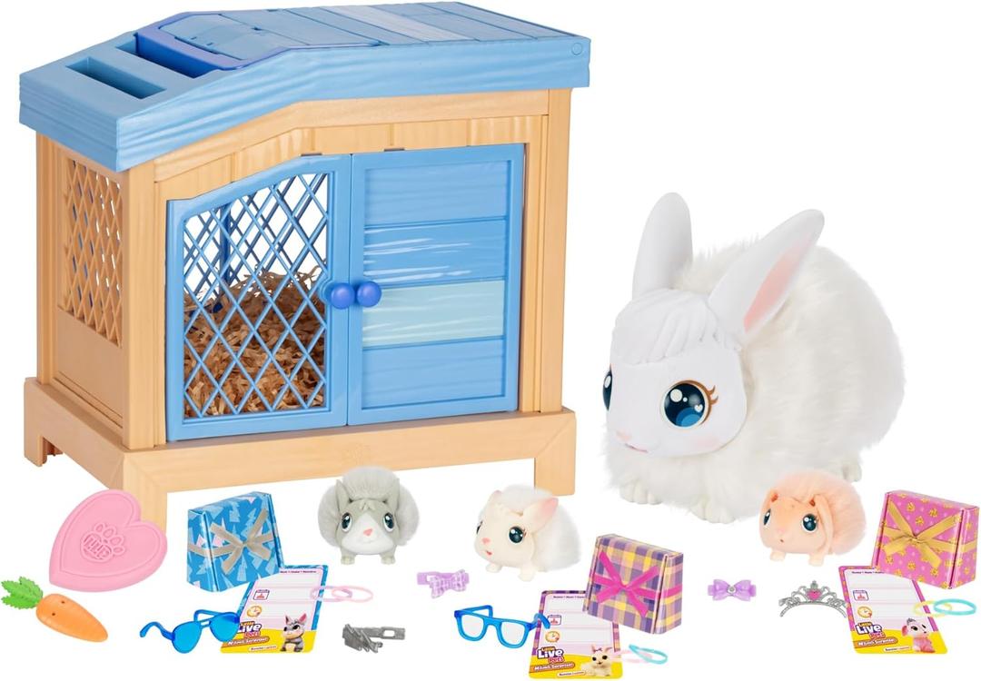 Little Live Pets Mama Surprise Bunny Interactive Hutch Playset with Mama Bunny, 3 Surprise Babies, 20+ Sounds & Reactions, Accessories & Gift Boxes, Repeat Play, Ages 4+