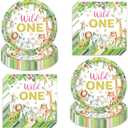 Wild One Birthday Party Supplies for 40 Guests - 80 Pcs Jungle Safari Theme Disposable Plates & Napkins Set, 7" Floral Animal Plates and Napkins for Girl’s 1st Birthday,Baby Shower,Jungle Theme Party