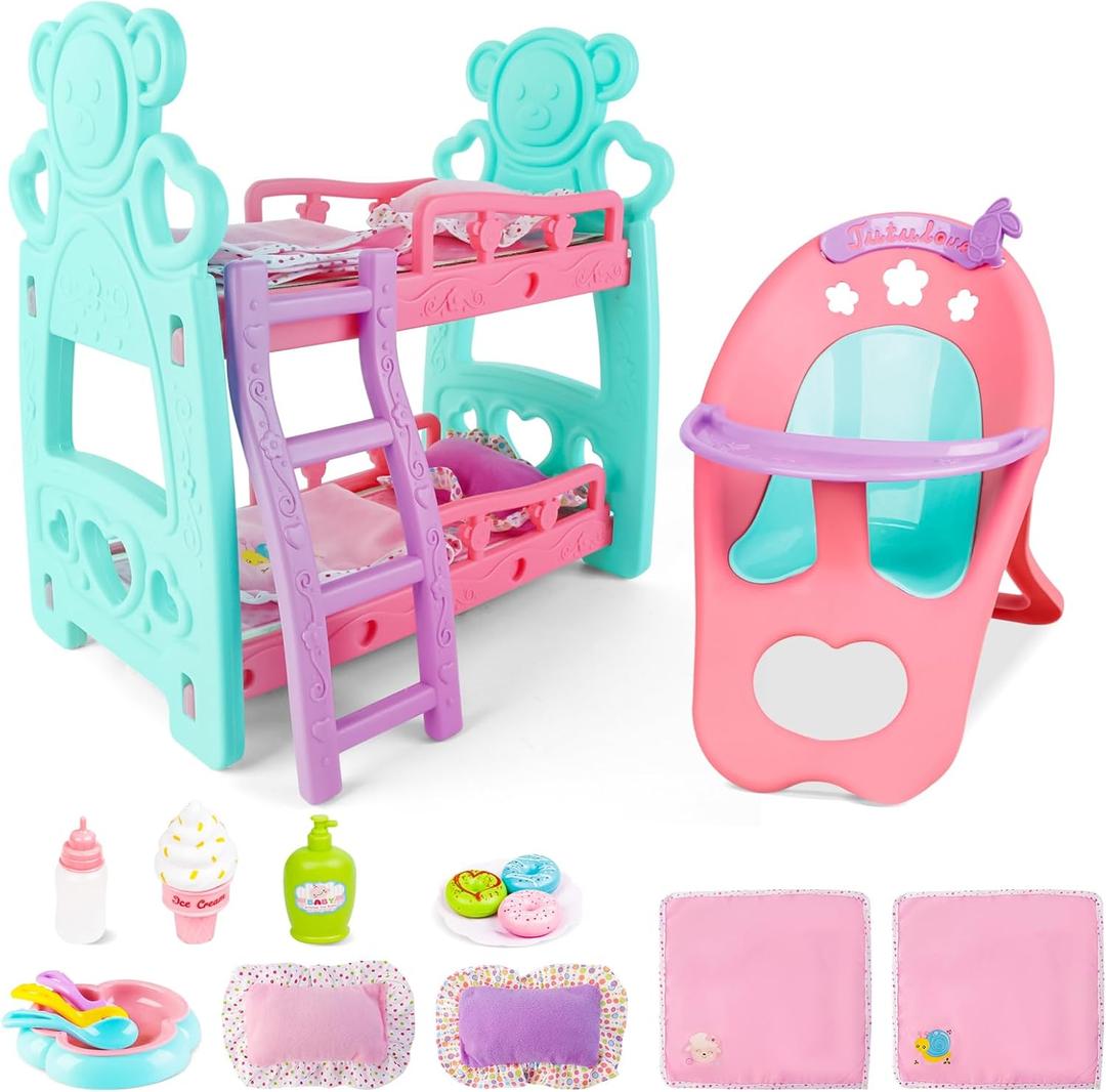 deAO Baby Doll Bunk Bed Crib & High Chair,Doll Furnitures Accessories Bed Doll Crib for Twin Dolls fits 12 13 14 Inch