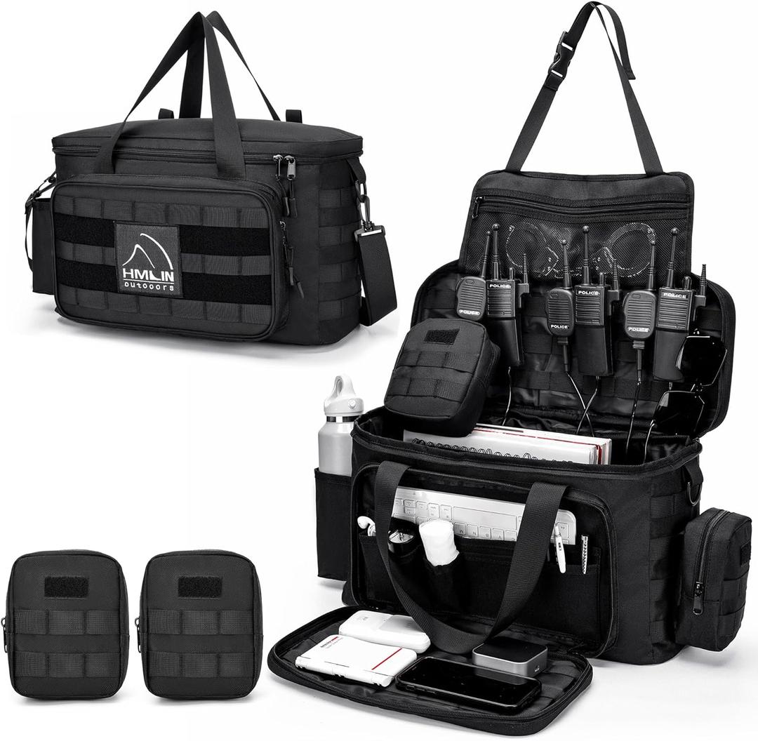 HMLIN Patrol Bag Law Enforcement,Police Gear Bag for Car Front Seat,Water Resistant Police Officer Duty bag,with MOLLE System and Cup Holders (Black)