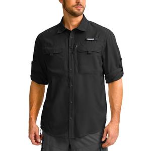 Men's Sun Protection Fishing Shirt with Zipper Pockets Long Sleeve UPF 50+ UV Cooling Shirts for Men Hiking Travel (Black, L)
