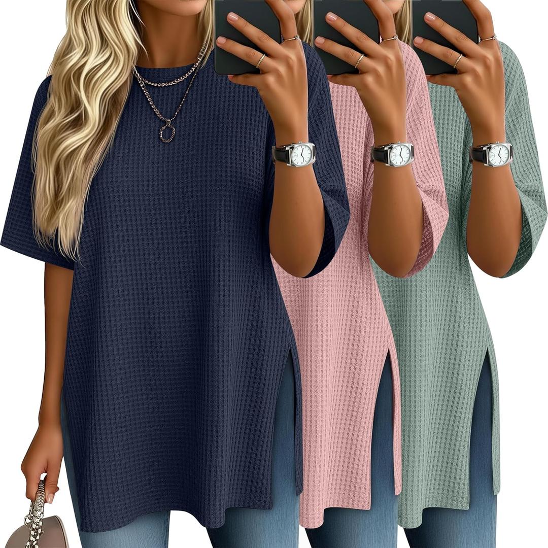 3 Pack Women's Oversized Waffle Knit Short Sleeve Tops Side Split Crewneck Loose Long T-Shirts Summer Casual Tees (XL)