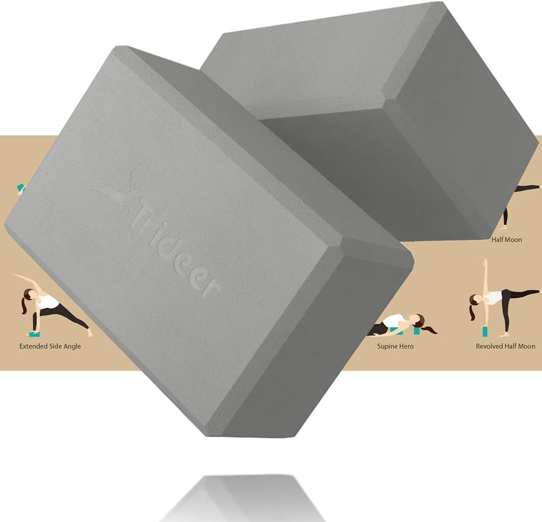 Trideer 9"x6"x3" Yoga Blocks, High Density EVA Foam Blocks 2 Pack, Supportive, Lightweight & Odor Resistant, Yoga Essentials and Accessories for Yogi & Yogini (Grey)