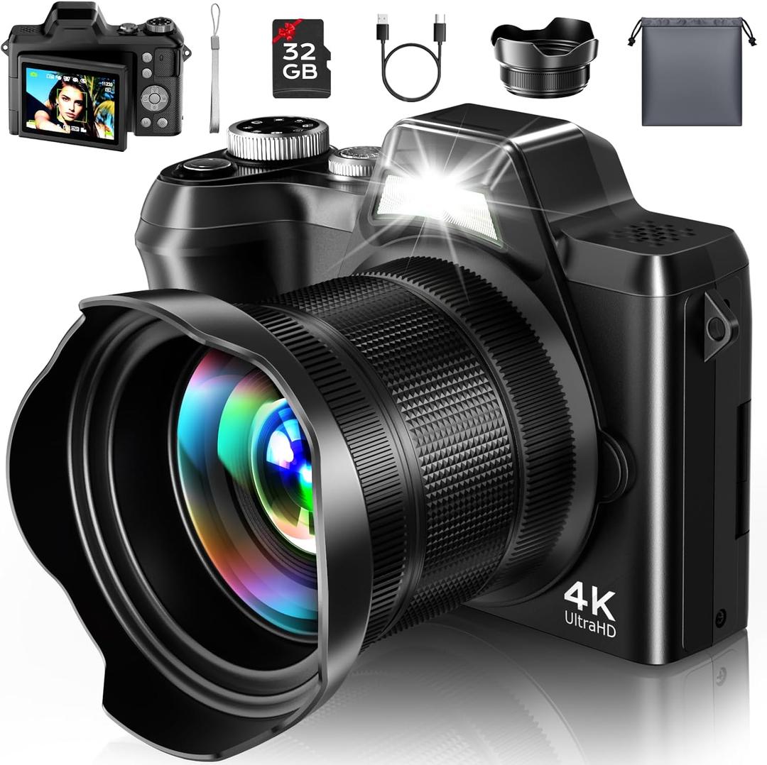 4K Digital Camera for Photography Travel, 56MP Autofocus Vlogging Camera for YouTube, 16X Zoom with 3" 180°Flip Screen & Lens Hood, 32GB Card, Gift Ideas for Teens & Beginners