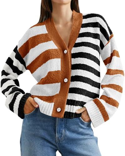 Saodimallsu Womens Striped Cardigan Sweaters V Neck Open Front Button Up Color Block Fuzzy Loose Knit Coats Brown Large